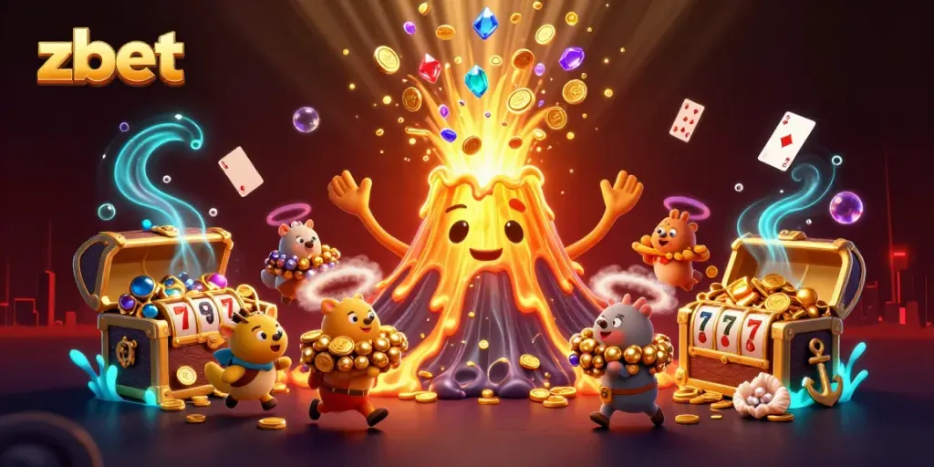 Engage with zbet's vibrant 3D illustration showcasing a golden volcano erupting treasure, slot reels, and playful characters.