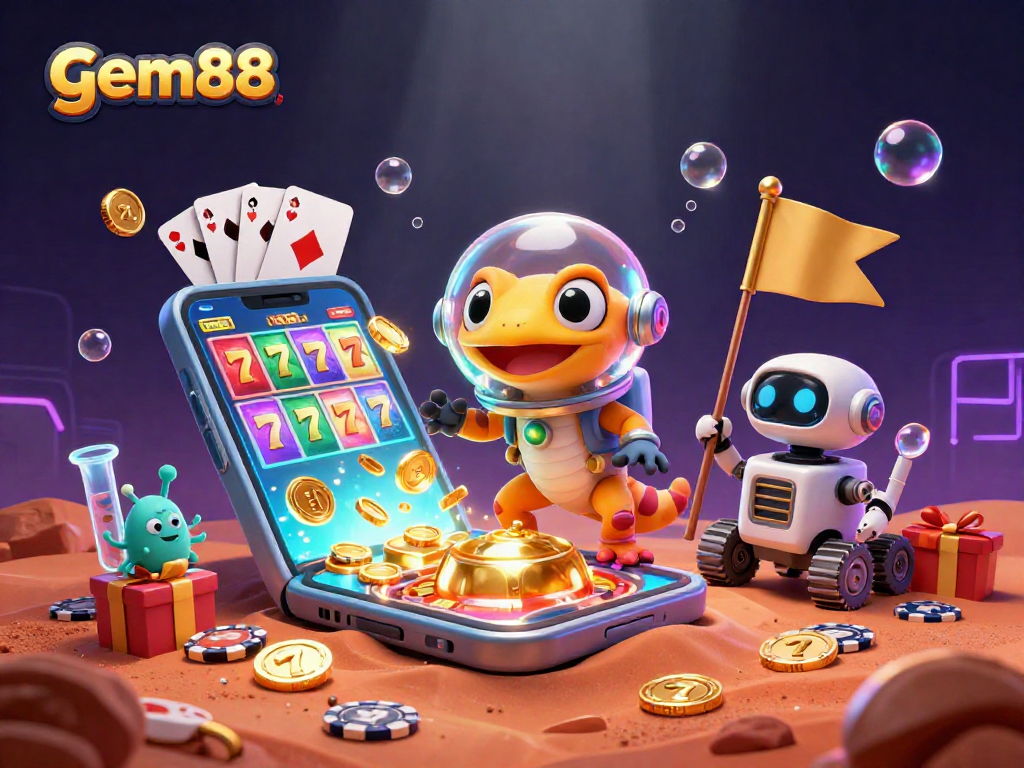Engagement at gem88 as Martian gecko and robot explore a golden casino amidst vibrant slot games and cheers.