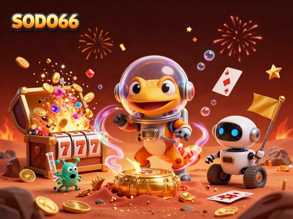 SODO66 slots burst with excitement amidst a cartoon Martian scene, featuring vibrant treasures and energetic characters.