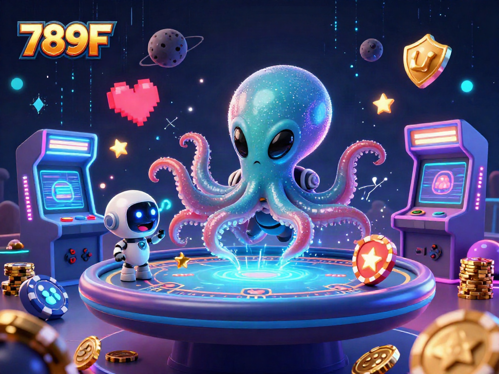Experience the excitement of 789F with a unique galactic casino illustration featuring vibrant gaming elements.