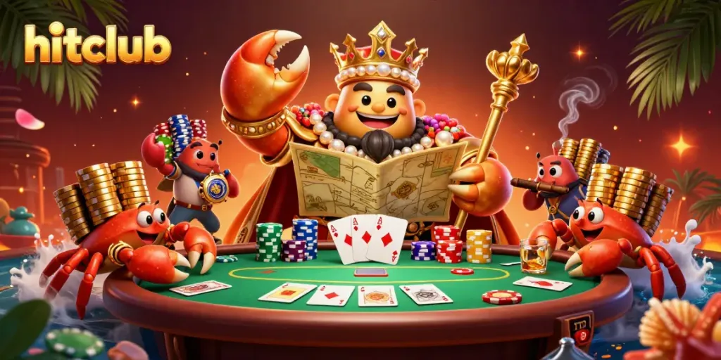 Join the hitclub as the golden crab emperor leads a thrilling poker game, bursting with action and vibrant colors.