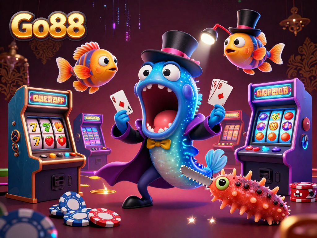 Go88's vibrant casino action illustrates a deep-sea gambling scene with colorful characters and game elements.