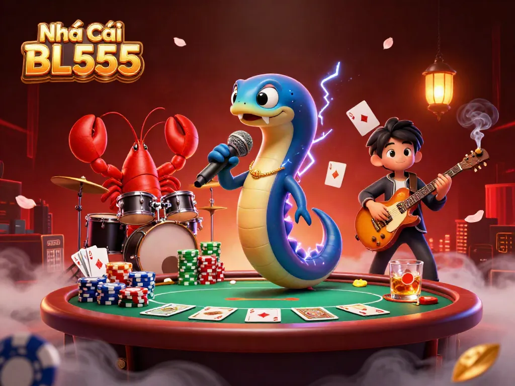 Nhà cái BL555 features an electric eel DJ amidst an underwater casino scene, complete with poker elements and mystic effects.