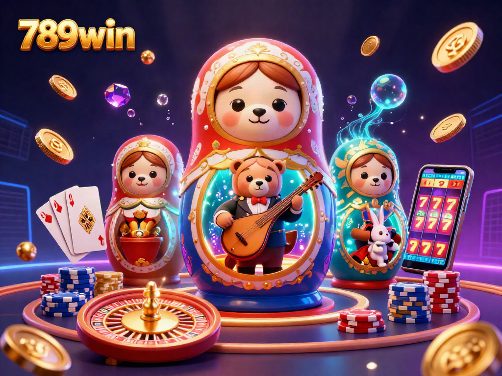 Experience the thrill of 789win with a dynamic 3D casino scene featuring cartoon characters and vibrant gaming elements.