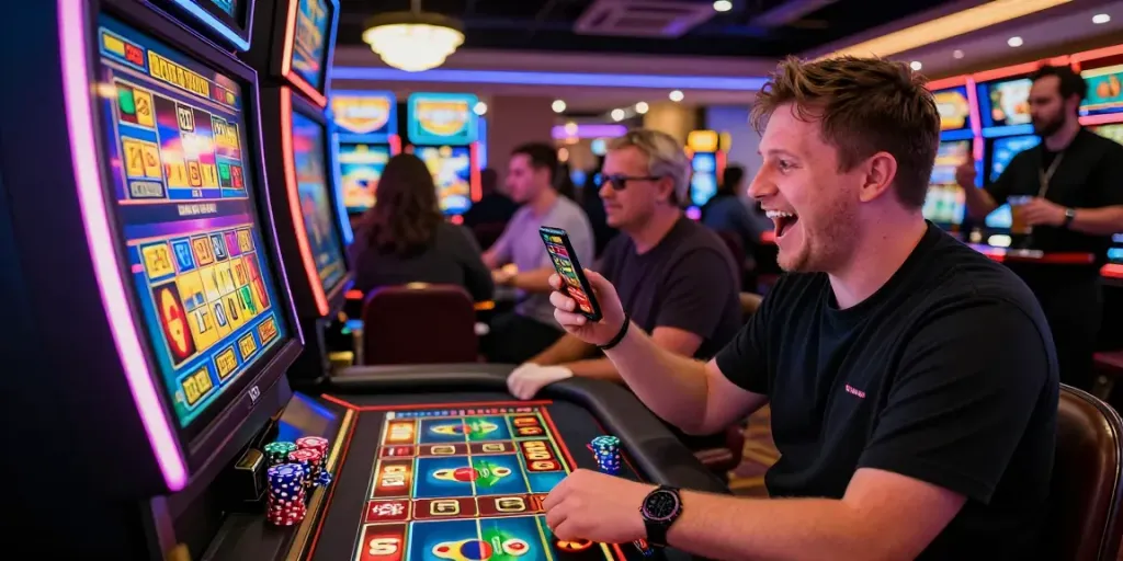 Player celebrating a win at a slot gacor maxwin machine in a vibrant casino, showcasing excitement and dynamic lighting.