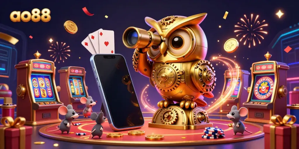 Spin to win at ao88 with a vibrant casino scene featuring a clockwork owl and energetic mouse patrons.