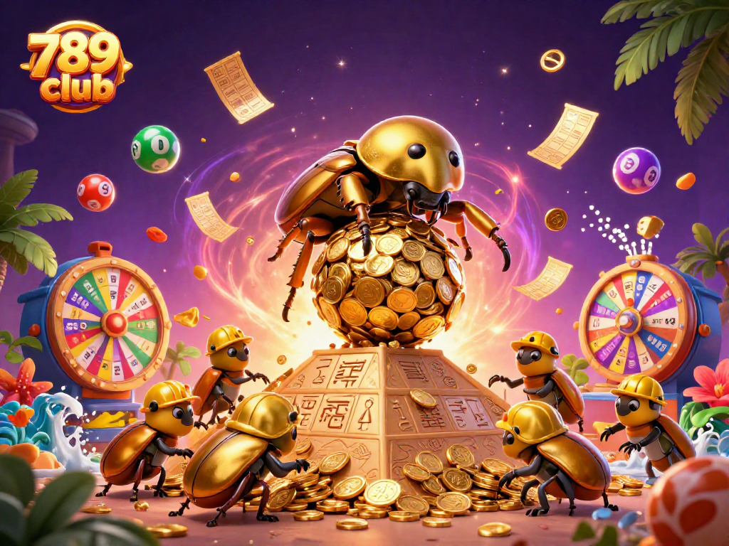 Experience vibrant fun at 789club with a golden dung beetle rolling coins and winning prizes!