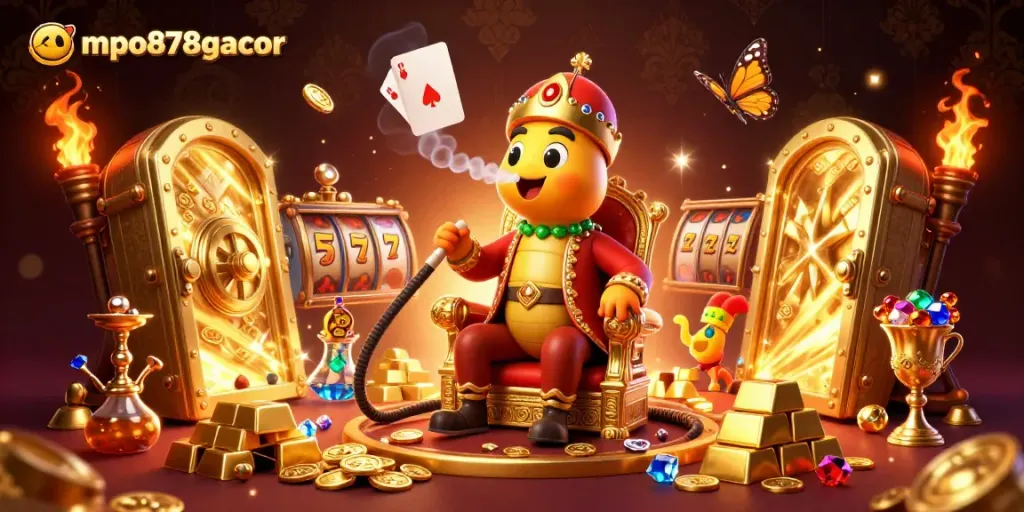 Rasakan pengalaman mpo878gacor dengan karakter kartun 3D meriah di latar permainan slot.