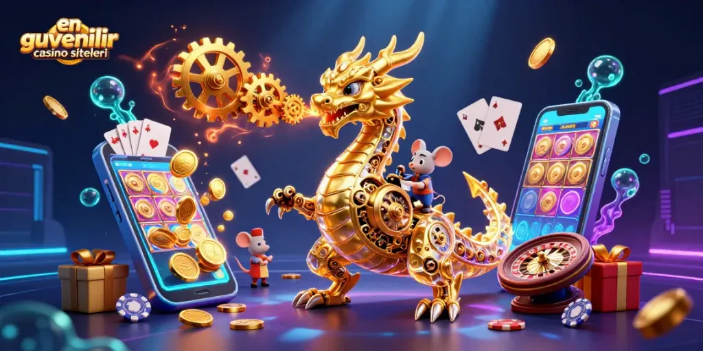 Engage with en güvenilir casino siteleri through a vibrant 3D illustration showcasing dynamic casino elements and characters.