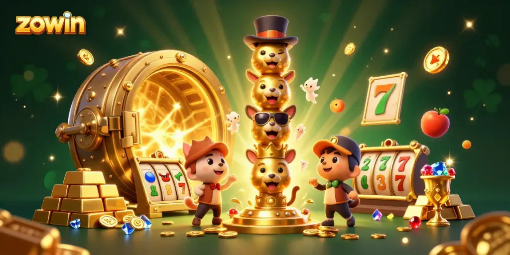 Experience the thrill of winning with zowin as cartoon characters celebrate amidst treasures in a stunning casino scene.