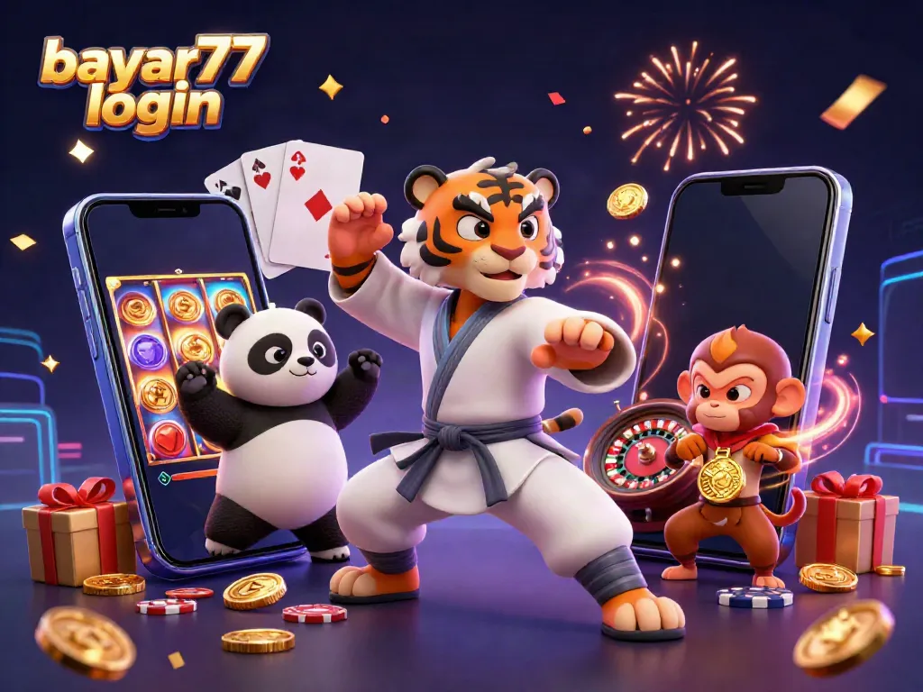 Play games with bayart77 login while a panda and monkey celebrate in a vibrant online casino scene.