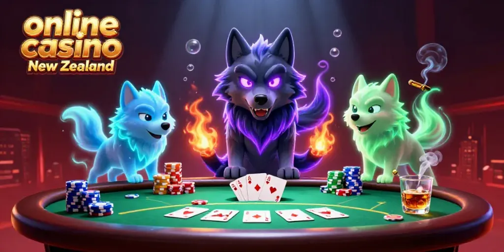 Engage with online casino New Zealand in a vibrant, colorful 3D scene featuring a ghostly wolf pack and poker elements.
