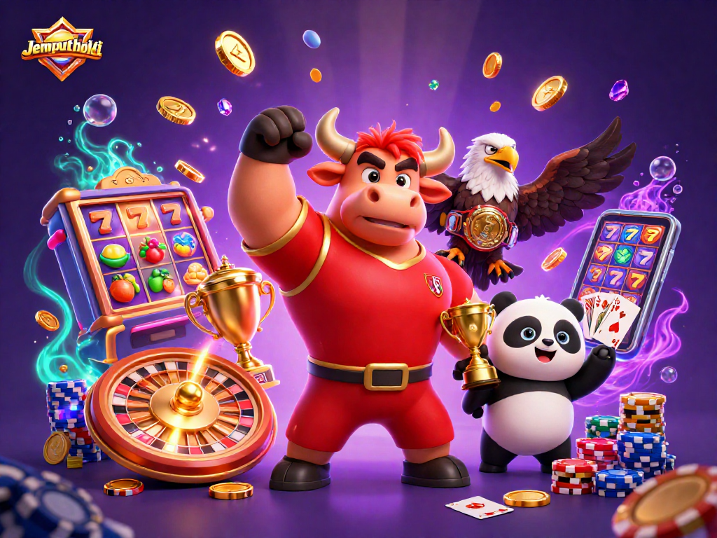 Enjoy the excitement of Jemputhoki with vibrant slot machine reels and dynamic characters celebrating wins.