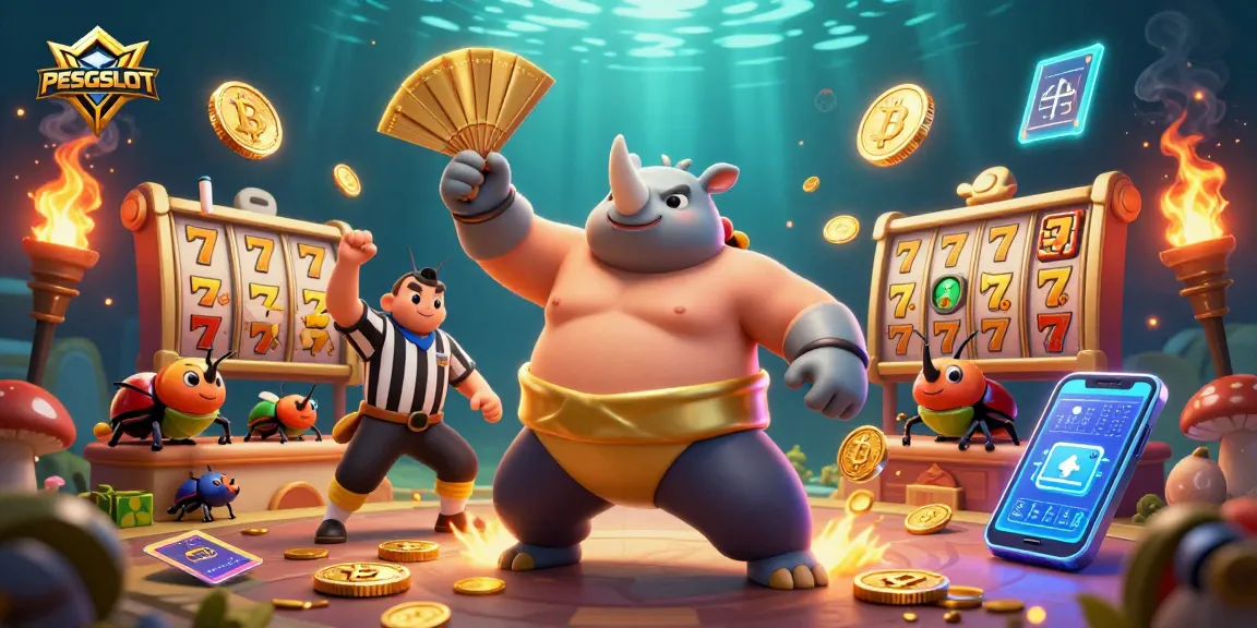 PESGSLOT champions the thrill of slots with a powerful beetle sumo match surrounded by crypto coins.