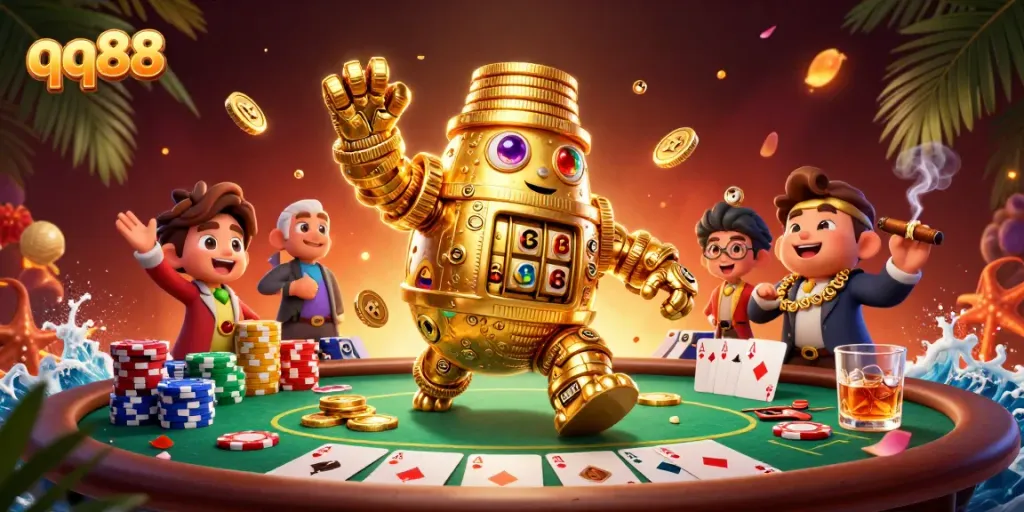 Engage in thrilling gameplay with qq88, featuring golden golem and vibrant poker elements.