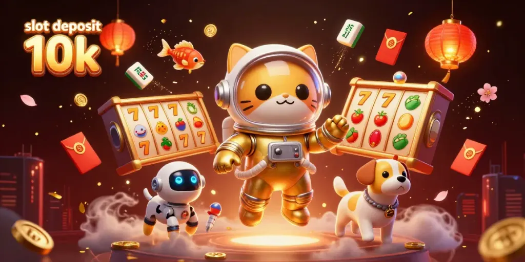 Win big in slots with our vibrant scene featuring slot deposit 10k and playful characters!