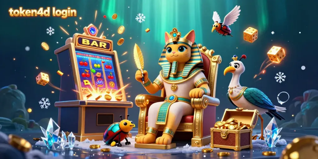 Gambarkan suasana bermain yang menarik dengan token4d login dalam ilustrasi kasino 3D yang megah.