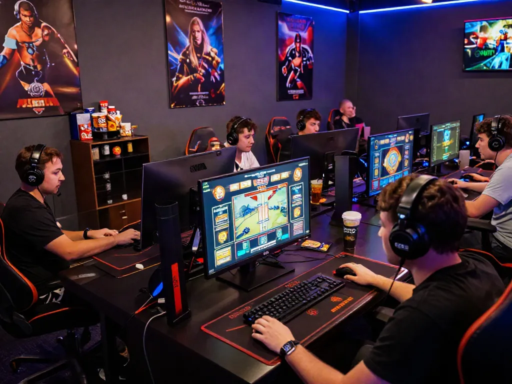 Group of gamers enjoying akunjp online slot games in a lively environment.