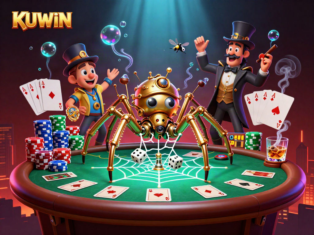 KUWIN’s lively steampunk spider ensnares dice in a vibrant casino web, showcasing spectacular game elements.