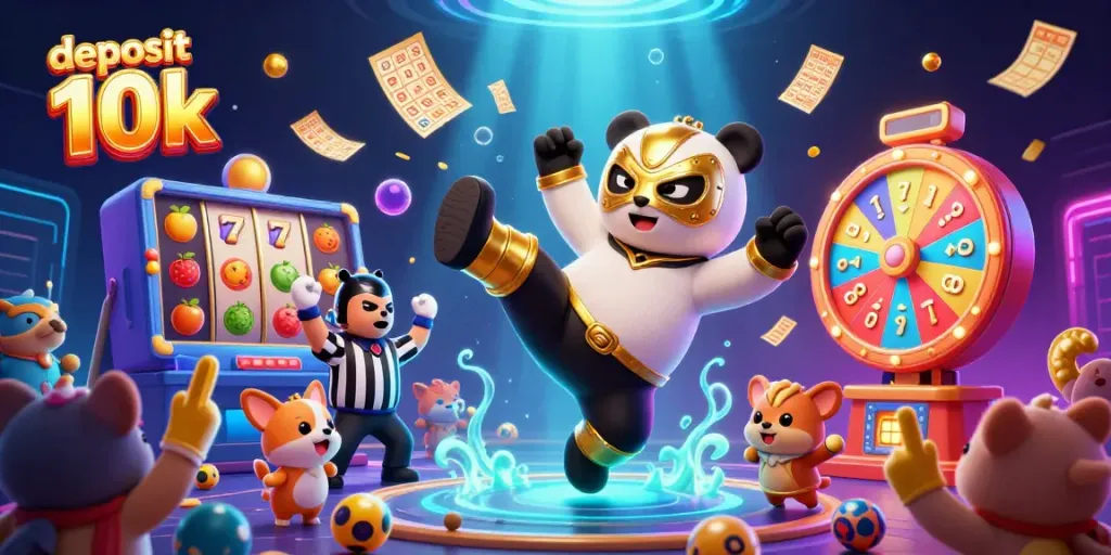 Menangkan deposit 10k di slot kasino dengan panda pegulat terbang dan tiket emas berkilau.