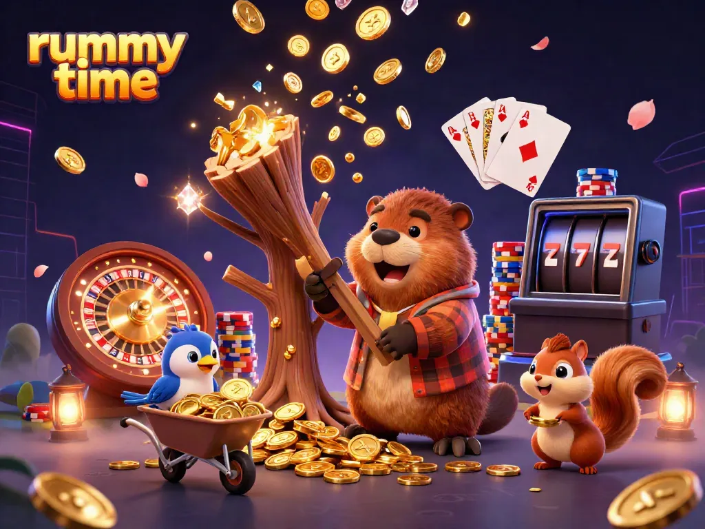 Experience the rummy time excitement with vibrant characters and casino gaming elements in a dynamic 3D scene.
