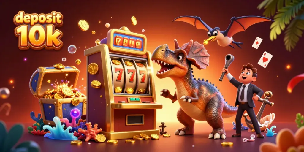 Mendapatkan jackpot dalam permainan deposit 10k dengan mesin slot dan dinosaurus dalam adegan kasino yang dinamis.