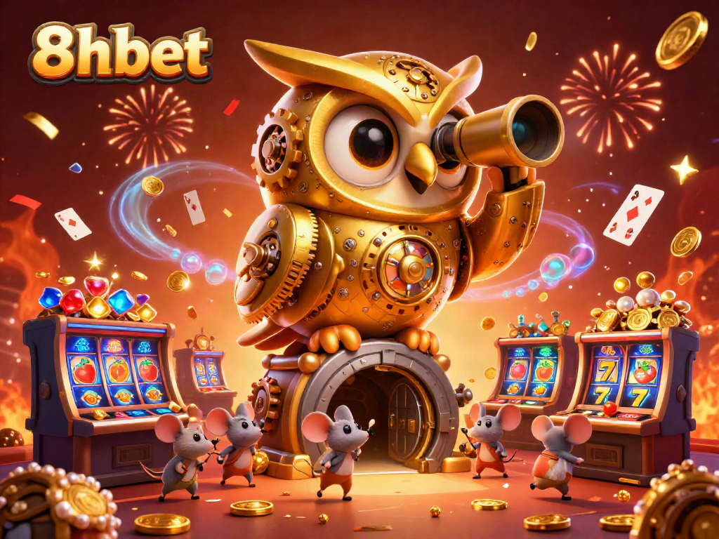 Experience the excitement of 8xbet with cartoon characters enjoying a vibrant casino atmosphere.