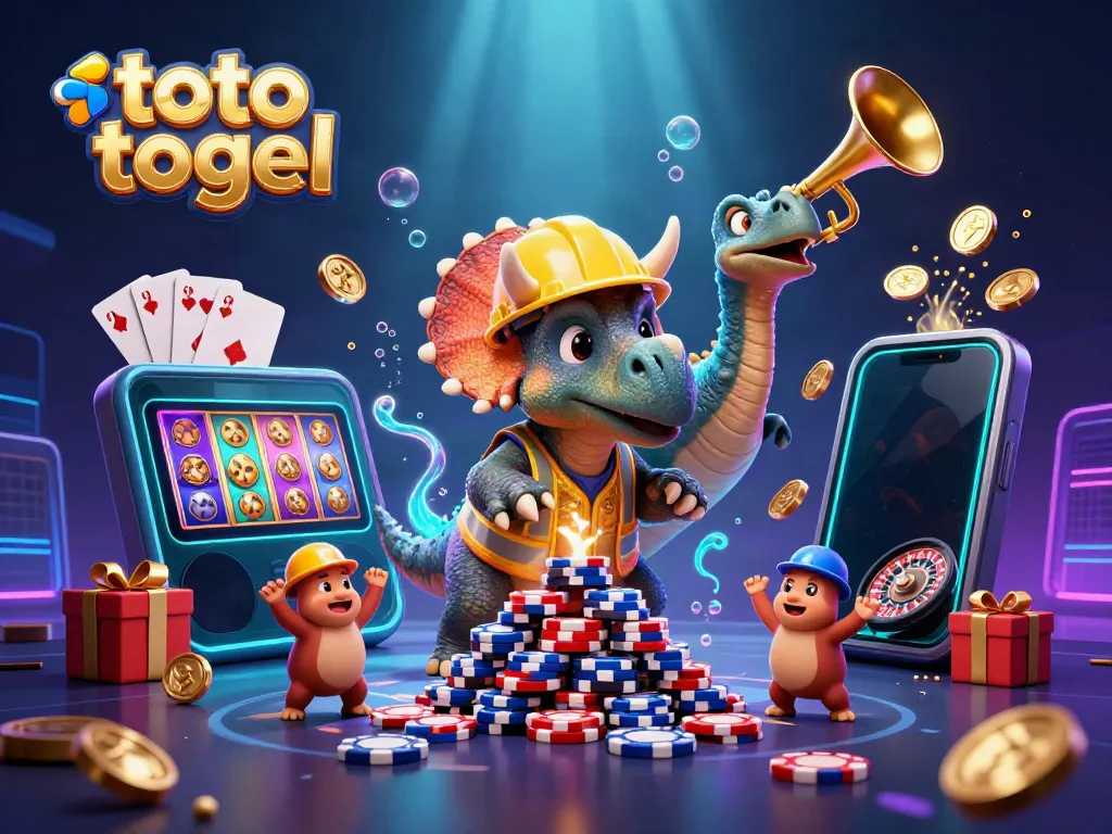 Celebrate wins with toto togel in a vibrant 3D scene filled with cartoon dinosaurs and casino elements.