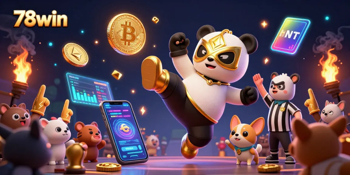 Exciting 78win casino action with a panda wrestler and animal spectators in a dynamic crypto-themed scene.