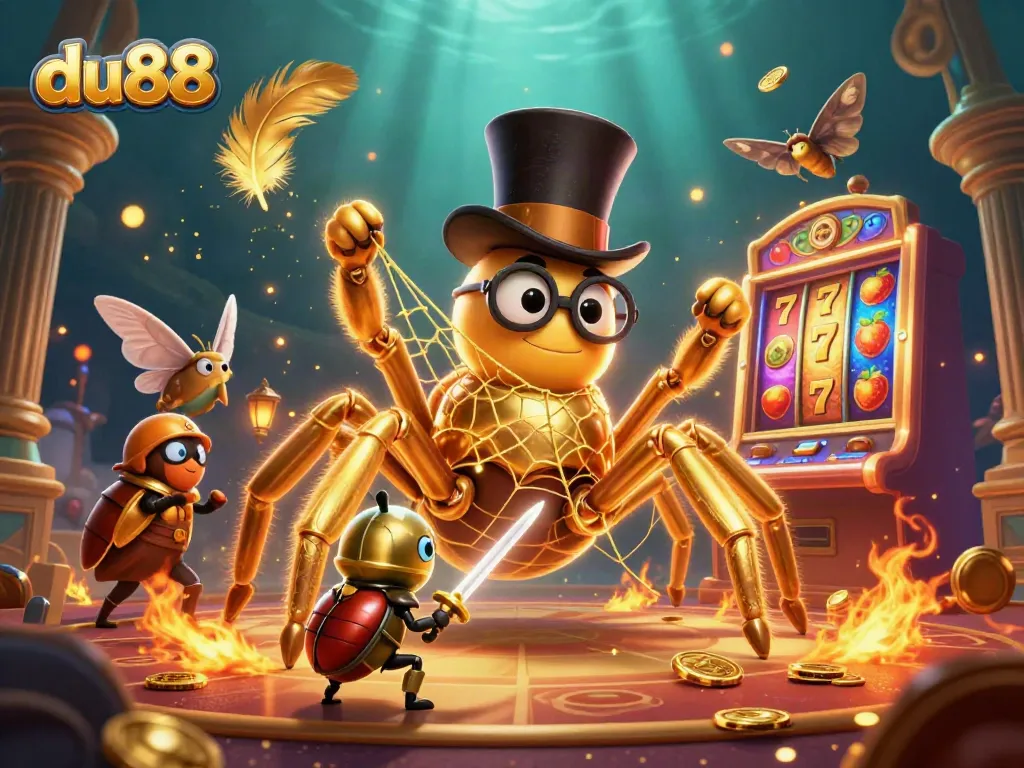 Engage in thrilling du88 casino adventures with a vibrant 3D illustration of brave characters and slot machine