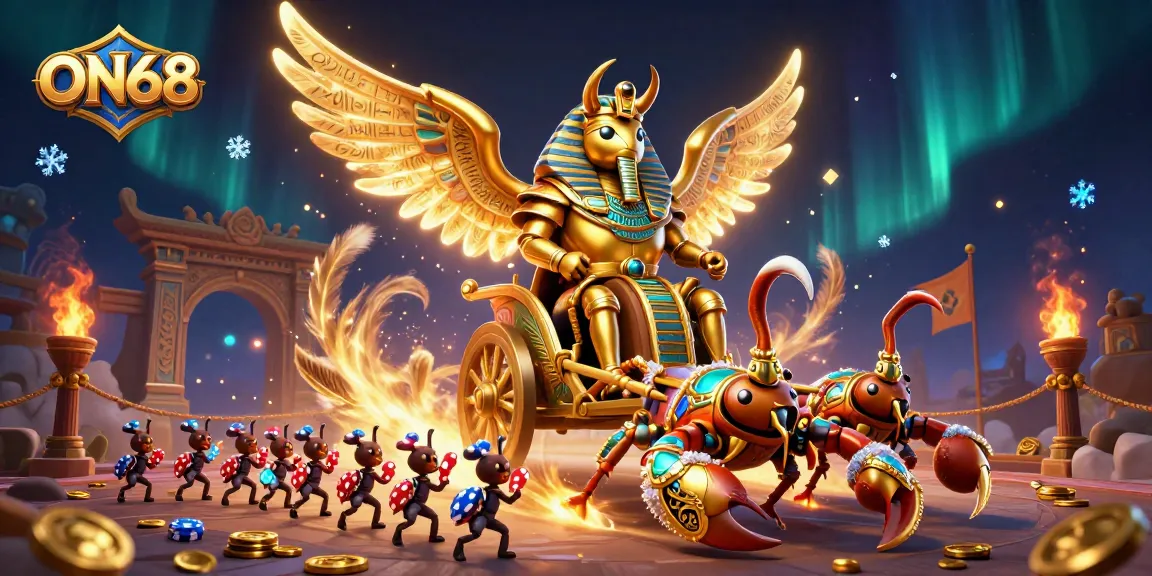 Experience thrilling gaming action at ON68 with a dynamic illustration of colossal characters and casino elements.