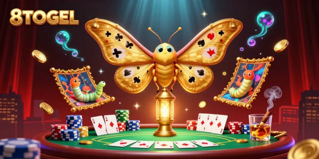 Experience winning at 8TOGEL with an energetic 3D illustration of casino scenes and a majestic atlas moth.