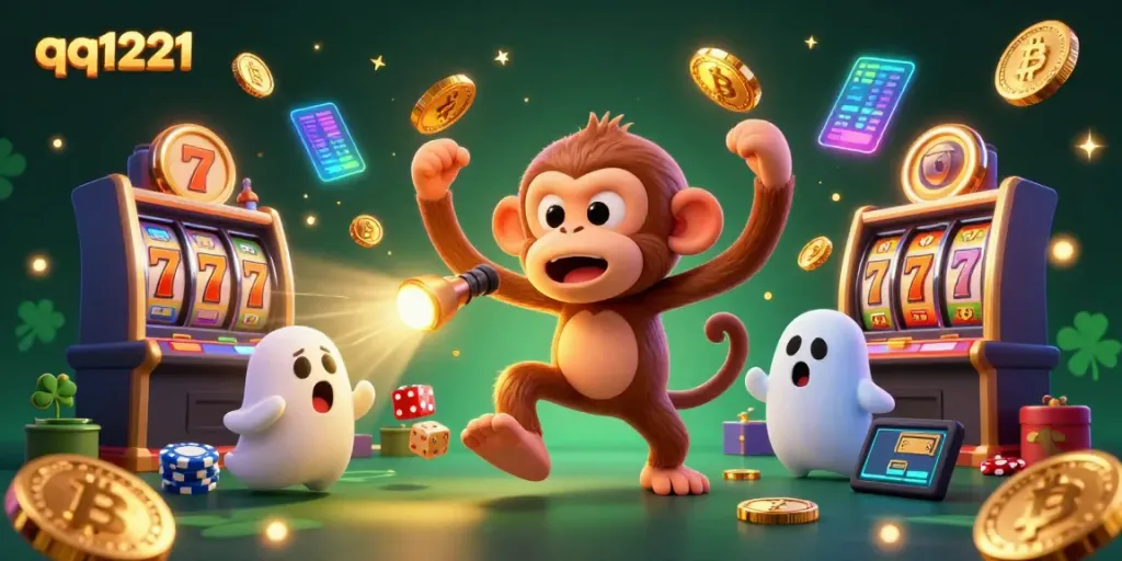 Engage in exciting gameplay at qq1221 as a poltergeist monkey juggles golden treasures in a vibrant casino.