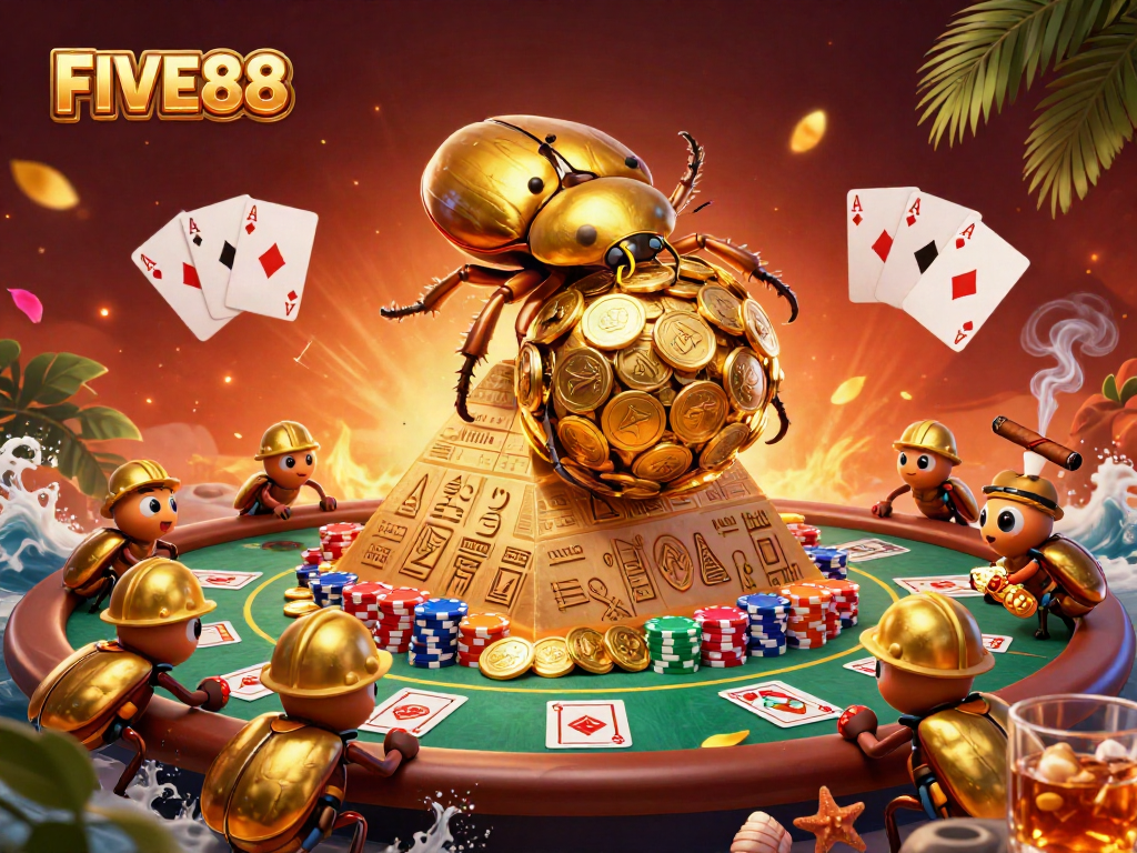 Engage in dynamic gambling action with FIVE88, featuring a golden beetle scene showcasing rich casino elements.