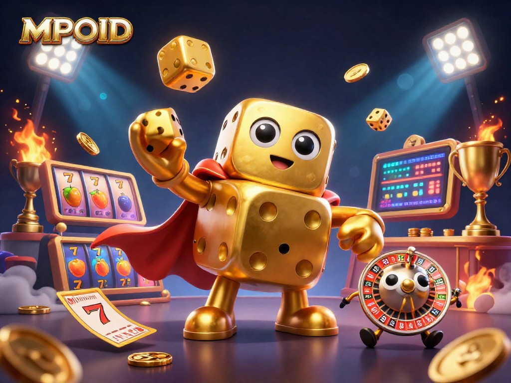 MPOID features a golden dice golem juggling smaller dice amidst dynamic slot reels and casino elements.