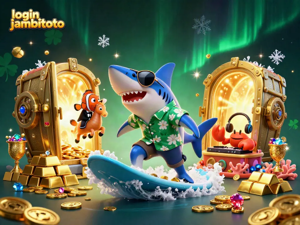 Join the excitement of login jambitoto with vibrant characters surfing on gold coins and gems.