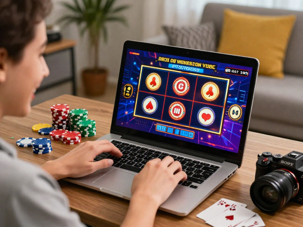 pawangslot: Pemain slot online dengan laptop di ruang bermain yang nyaman