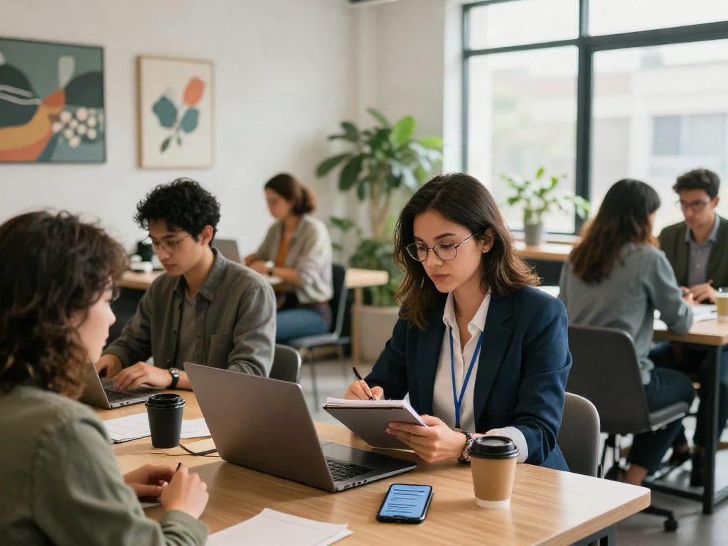 Job seeker engaged in หางาน process at a modern co-working space, surrounded by tech and collaboration tools.