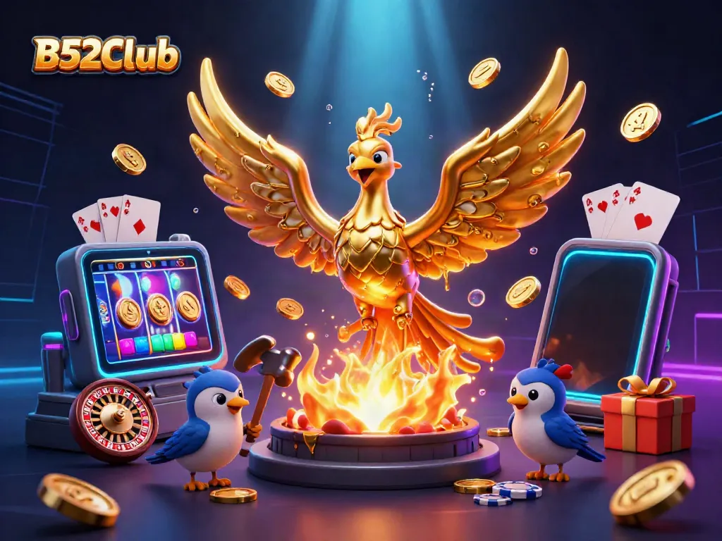 Engage in thrilling action with B52CLub as golden coins erupt from a molten phoenix and exciting gaming elements surround it.