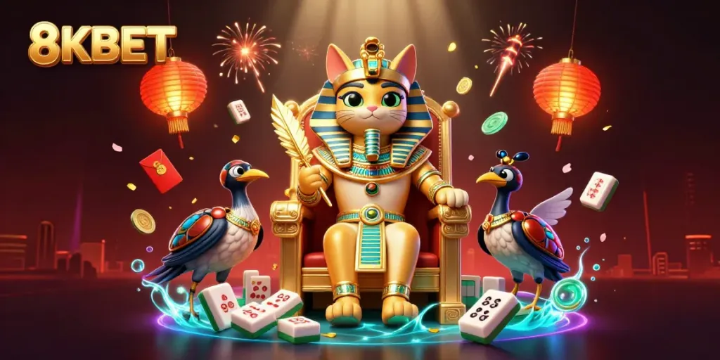 Engage with thrilling 8KBET adventures illustrated through a pharaoh cat and vibrant casino elements.