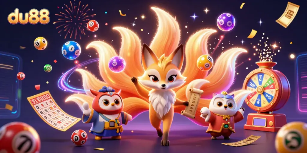 Experience the thrill of du88 with colorful lottery balls and lively characters in a vibrant casino setting.