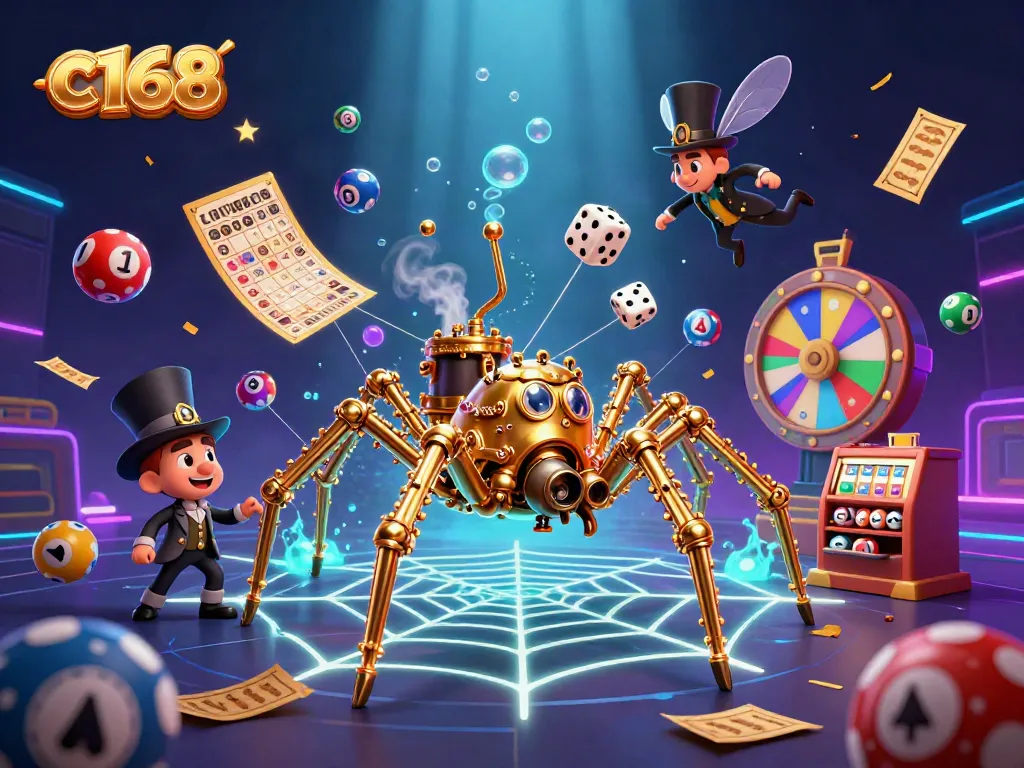 C168 promotional illustration showcasing a whimsical steampunk spider and Victorian fly in a vibrant gambling environment.