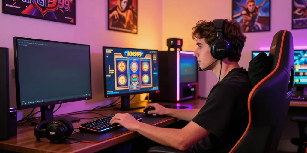 Player engaging with KING999 slot games in a vibrant gaming room.