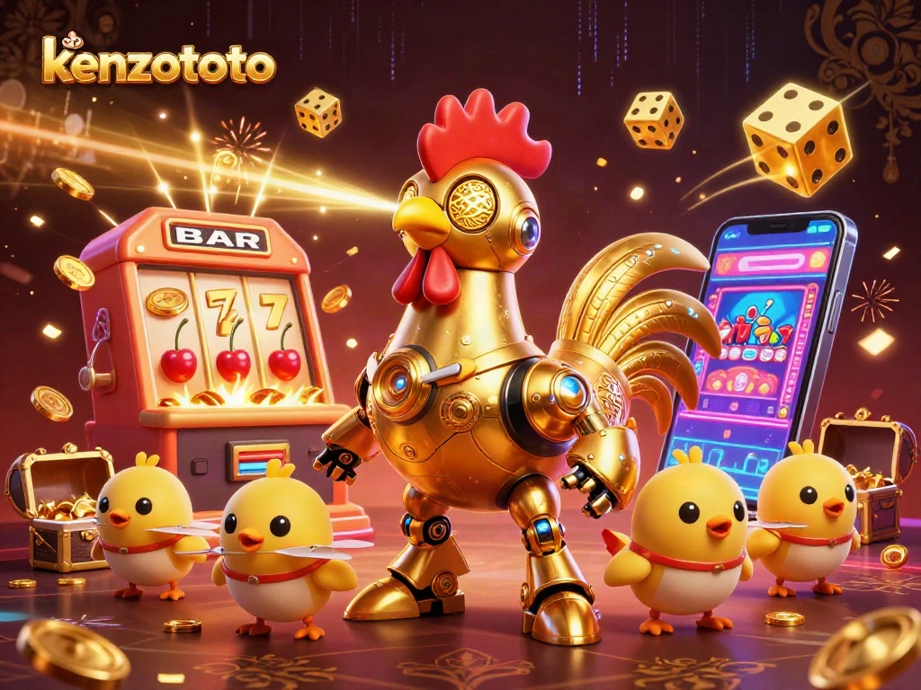 Watch kenzototo's golden rooster robot shoot beams while jackpot wins explode around them!