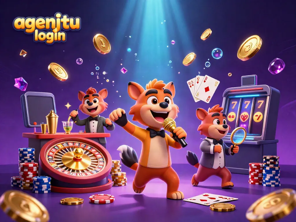 Gambarkan momen lucu agenjitu login di kasino dengan hyena, koin emas, dan efek cahaya.