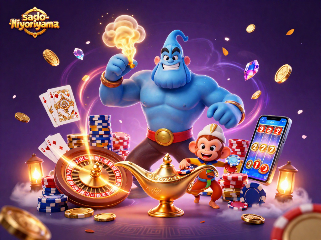 Sado-hiyoriyama showcases a dynamic casino scene with a blue genie and poker elements.