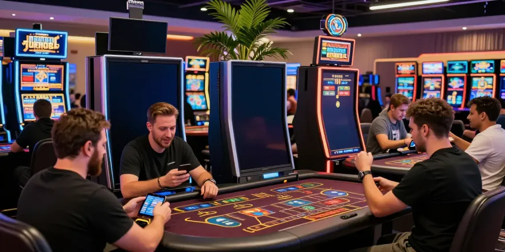 Vibrant casino gaming scene at https://wolfbet-bonus.com/ with players enjoying slots and table games.