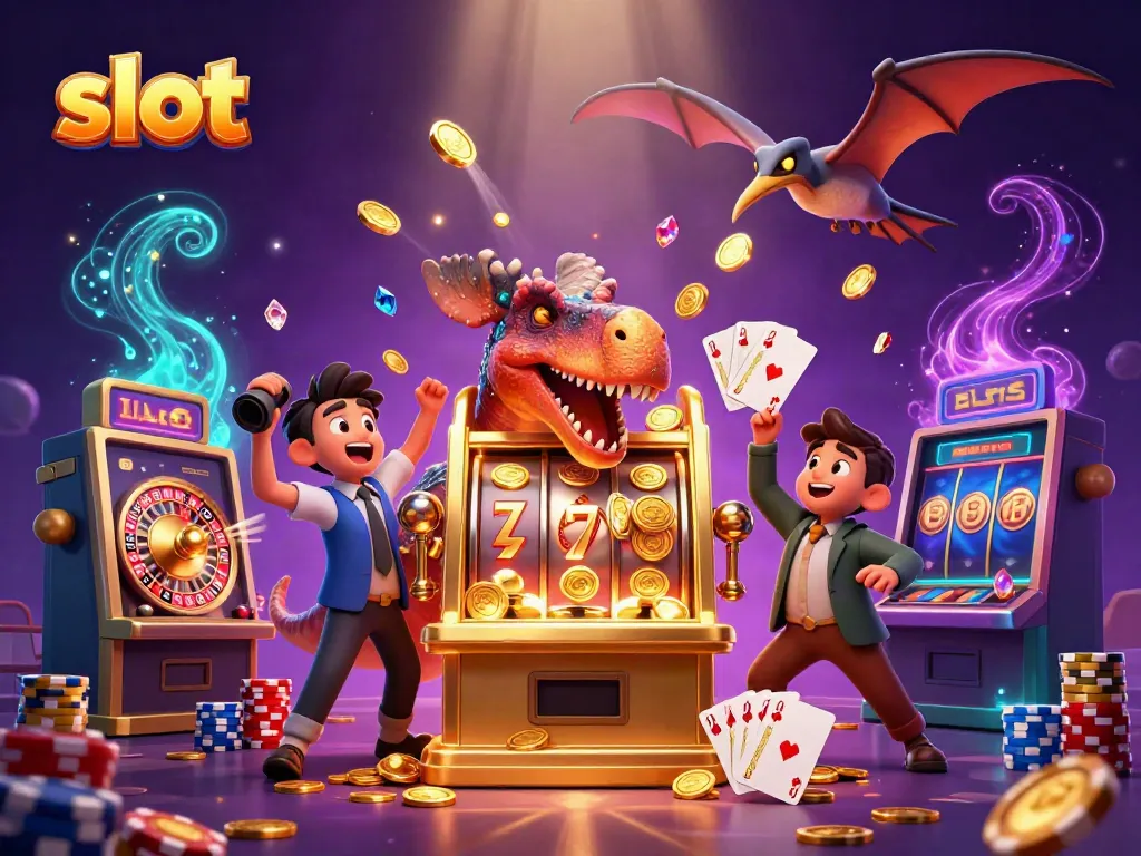 Slot machine winning jackpot coins with energetic dinosaur characters at a vibrant casino scene.