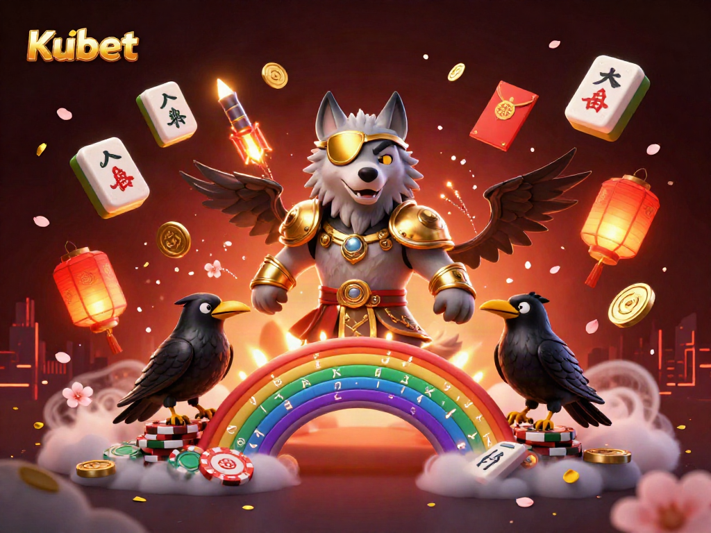 Kubet's vibrant 3D casino scene showcasing a mythical wolf with ravens, surrounded by casino elements.