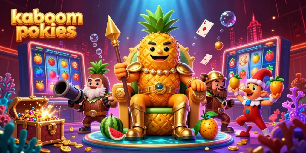 Engage in the thrilling kaboom pokies experience with vibrant casino characters in a dynamic scene.